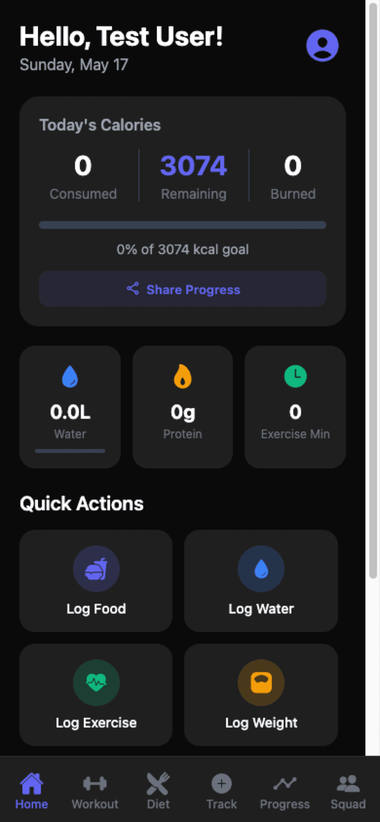 Smart Gym Pal home screen showing today's calories, water, protein and exercise tiles, and quick action buttons