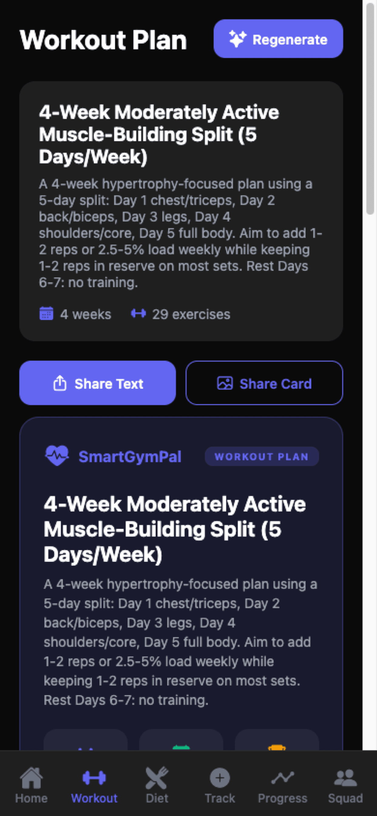 Workout plan screen showing a four-week muscle-building split with a Regenerate button and share options