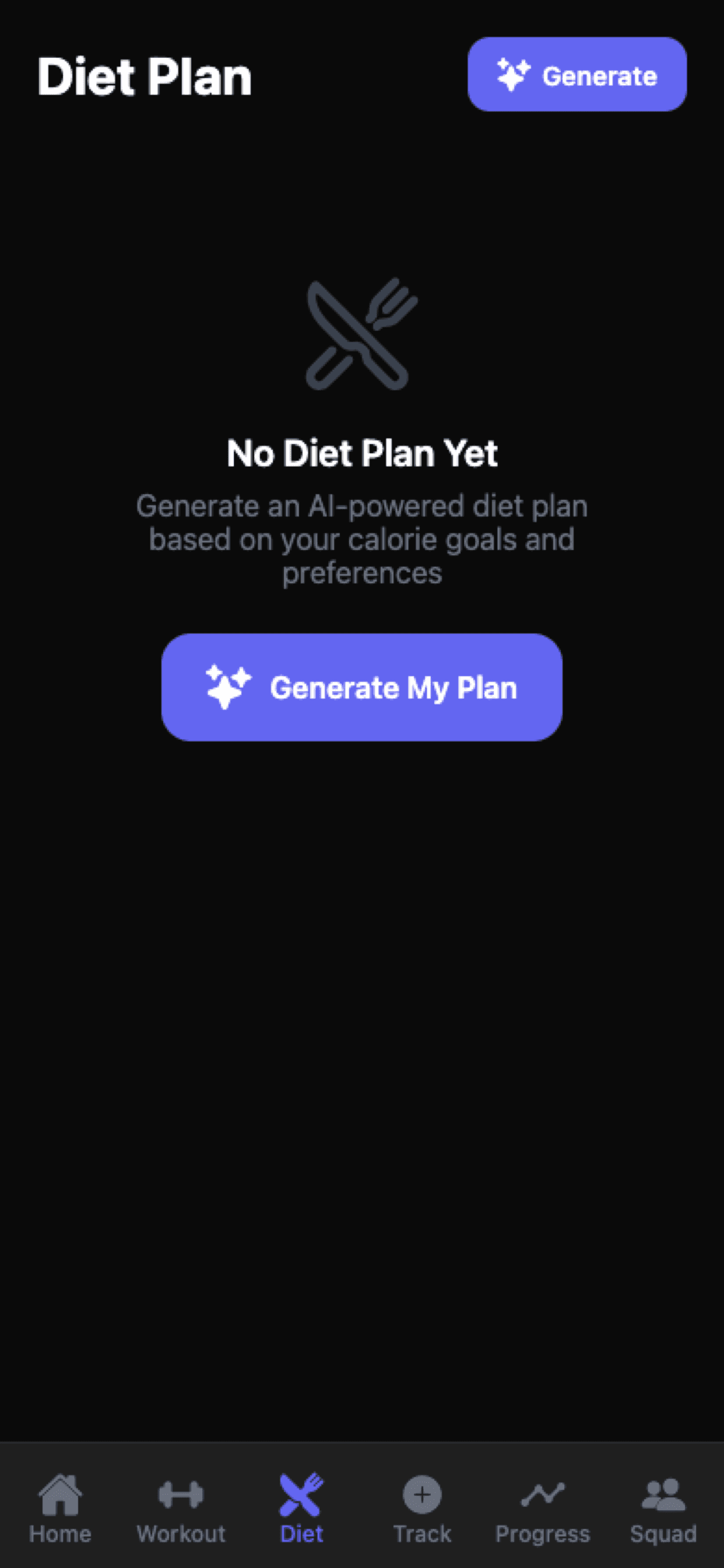 Diet plan screen with a Generate My Plan button before a plan has been created