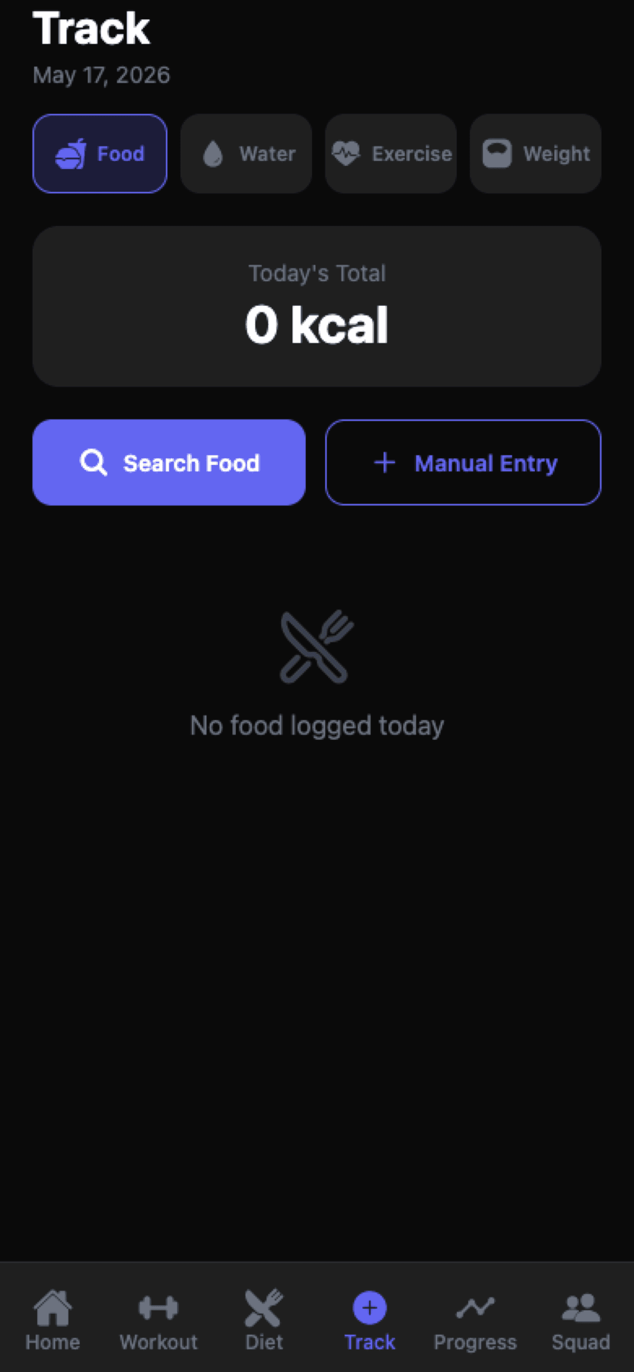 Track screen with Food, Water, Exercise and Weight tabs and a running daily calorie total