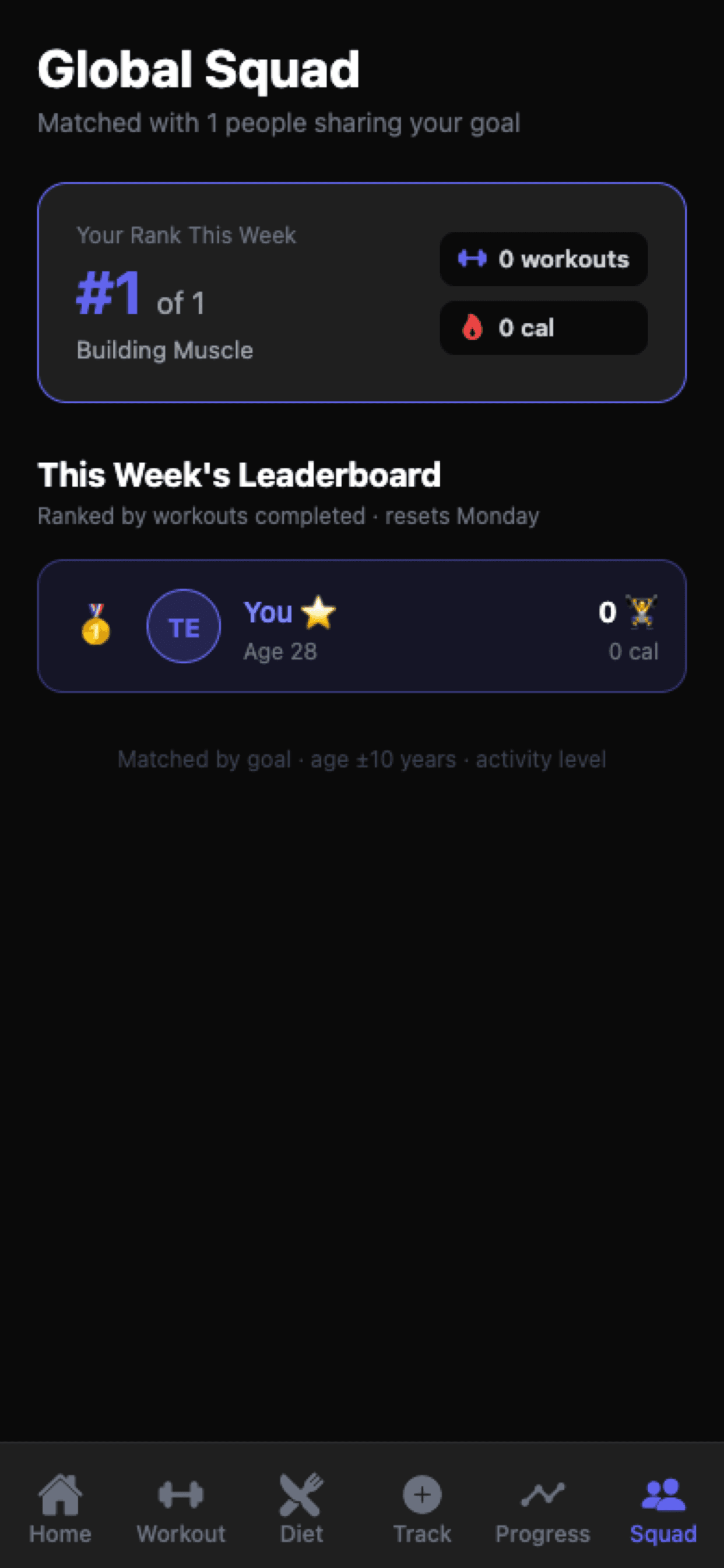 Global Squad screen showing weekly rank and a leaderboard ranked by workouts completed